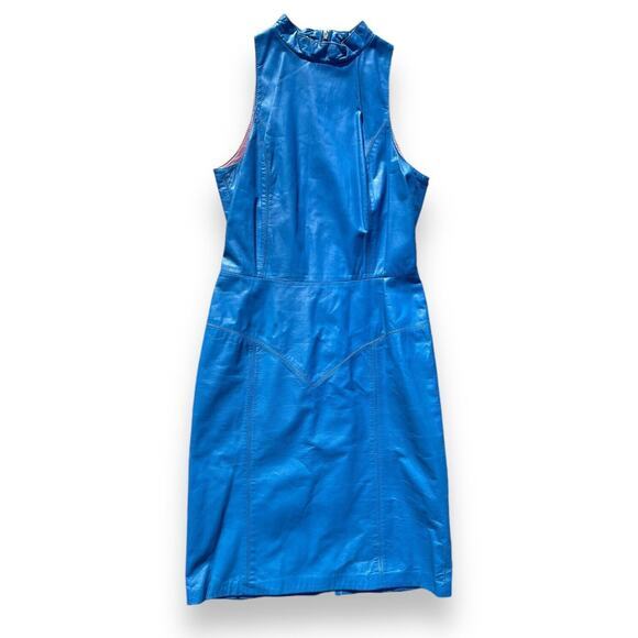 Vintage 80s Ambria Blue Leather Fitted Sleeveless High Neck‎ Dress Size 10 - Picture 9 of 13